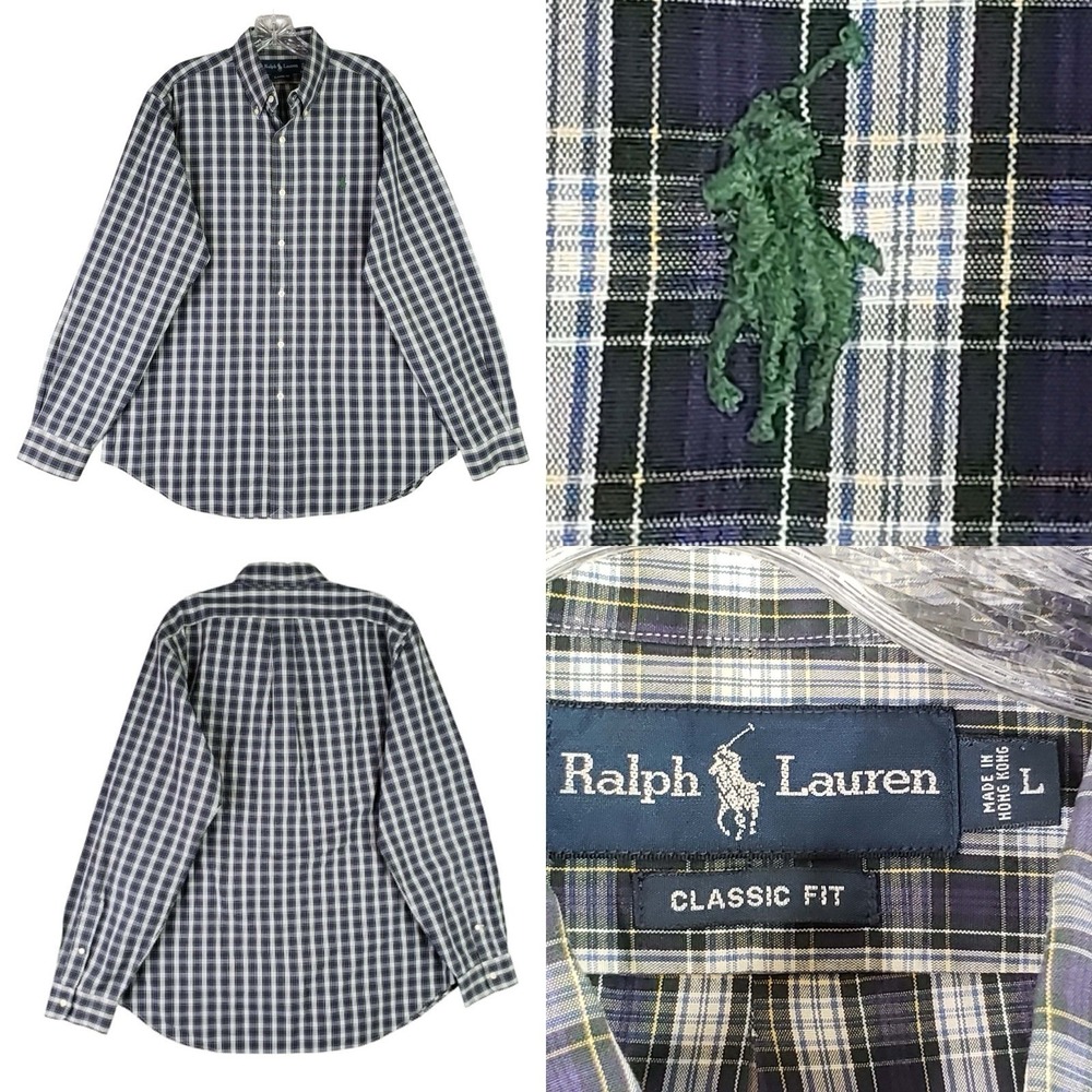 Polo Ralph Lauren Shirt Oxford Mens Size Large L Blue Green Plaid Button Down LS